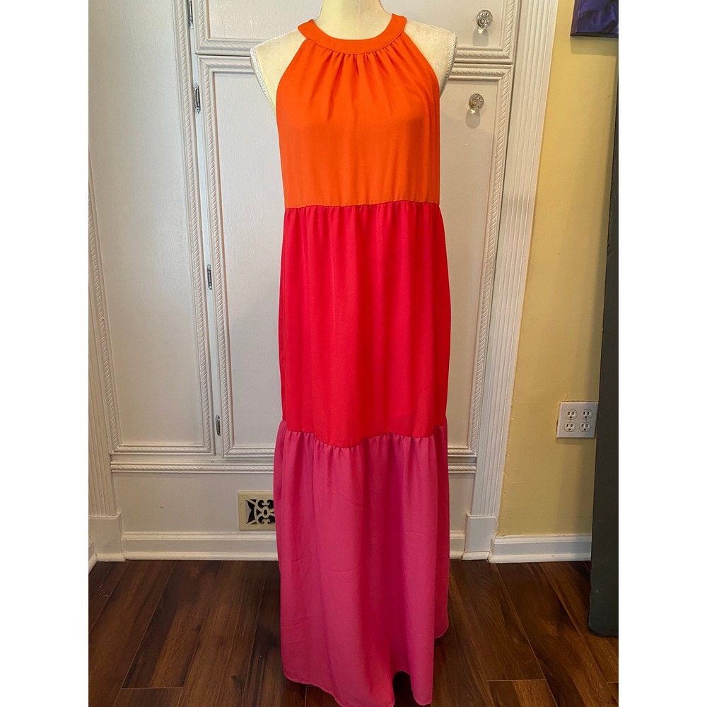 Andree by Unit Women Colorblock Maxi Dress Orange Red Pink Halter Tiered 94053 S